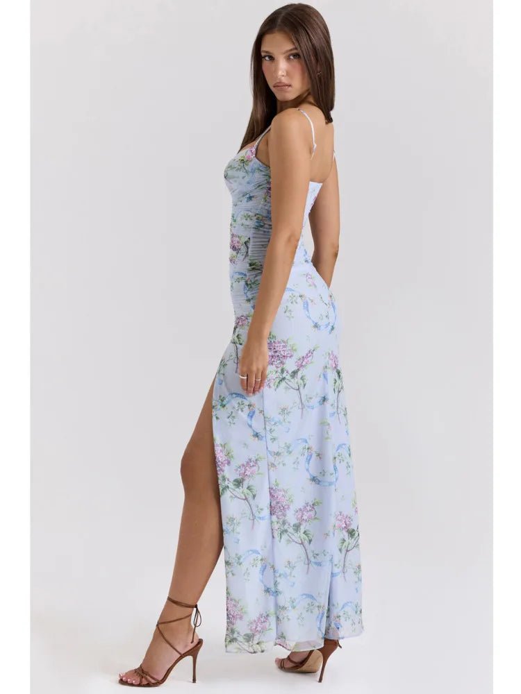 Blue Floral Slit Midi Dress