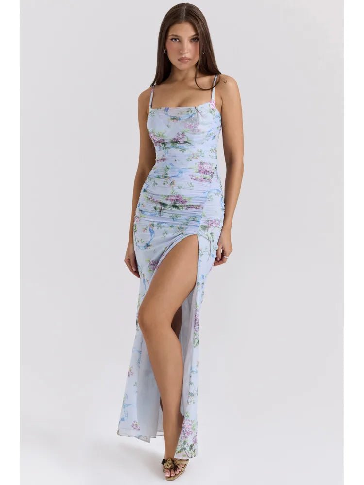 Blue Floral Slit Midi Dress