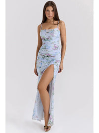 Blue Floral Slit Midi Dress