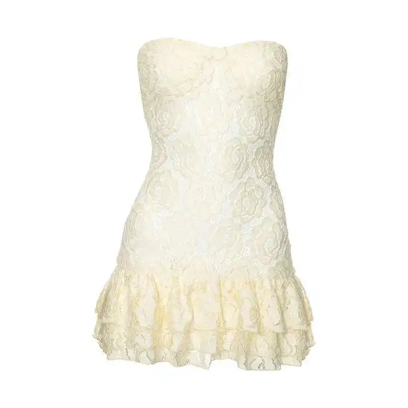 Yellow Strapless Lace Mini Dress
