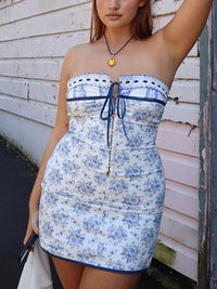 Blue Off Shoulder Floral Mini Dress