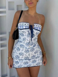 Blue Off Shoulder Floral Mini Dress