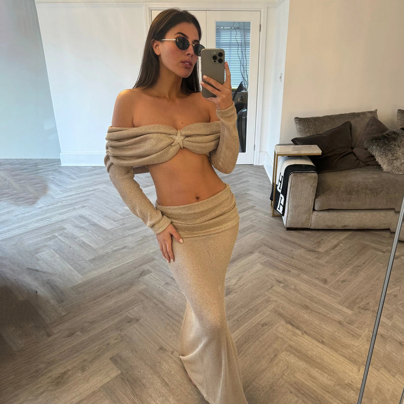 Starfish Knit Off-Shoulder Crop & Maxi Skirt Co-ord