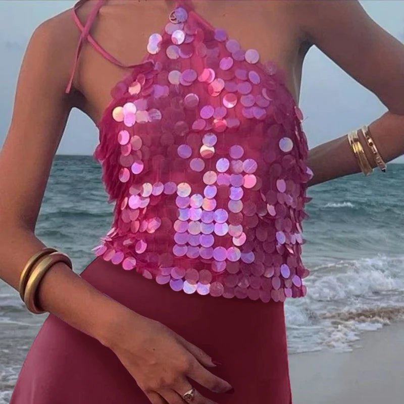 Pink Sequin Top Halter Neck