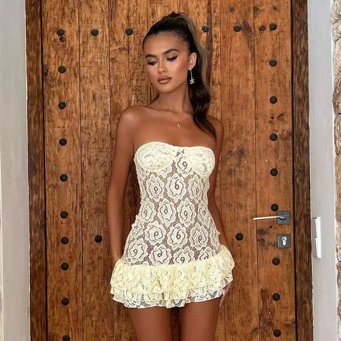 Yellow Strapless Lace Mini Dress