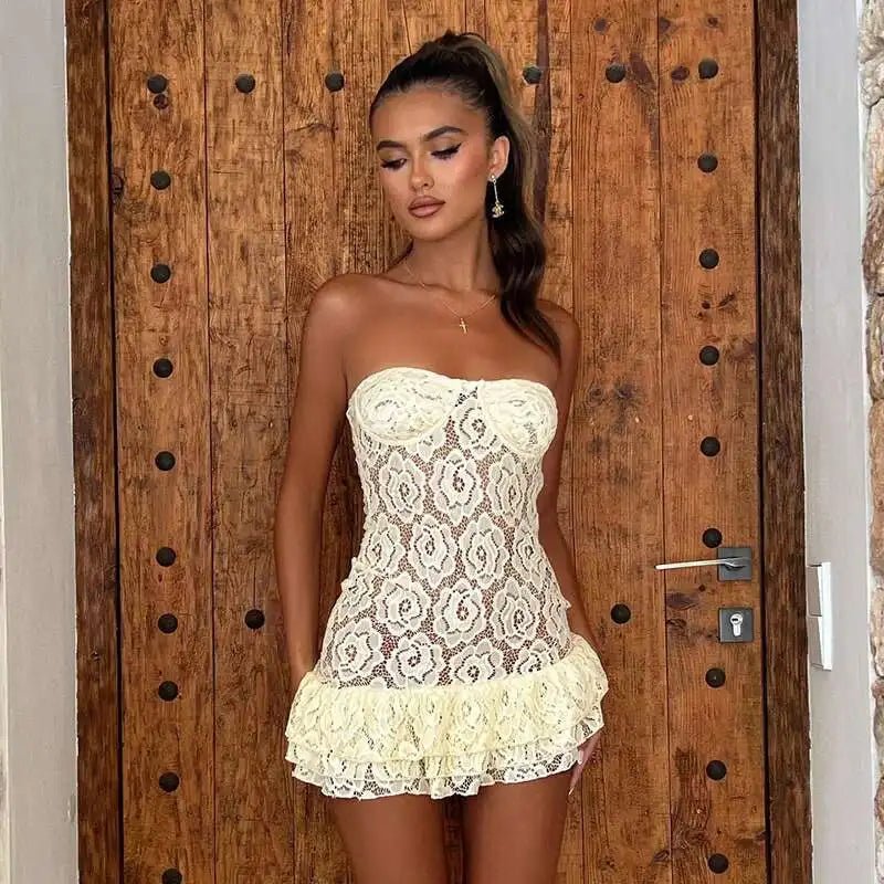 Yellow Strapless Lace Mini Dress