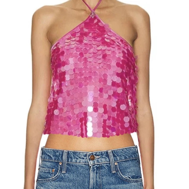 Pink Sequin Top Halter Neck