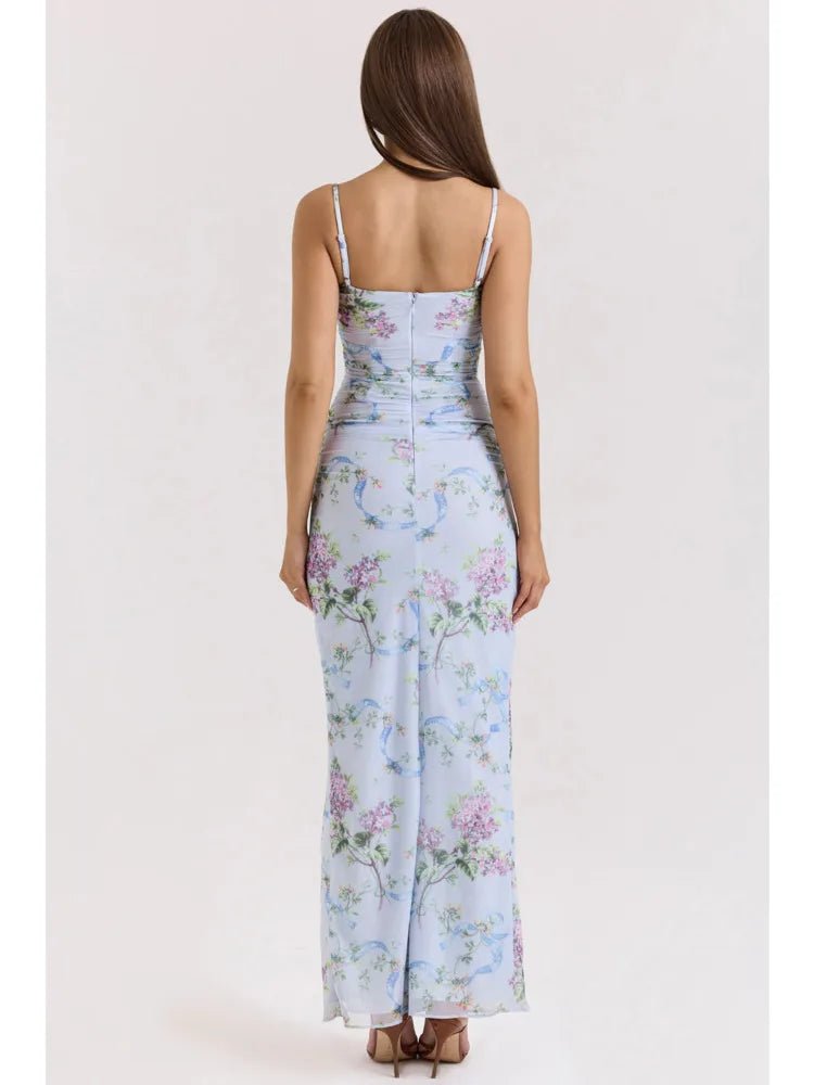 Blue Floral Slit Midi Dress