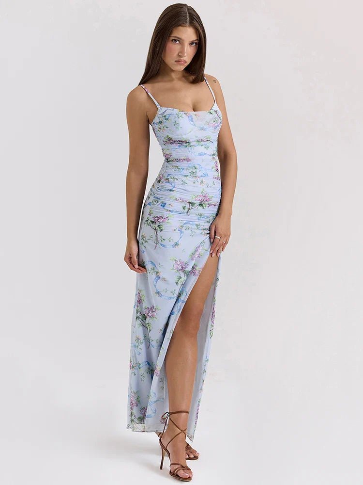 Blue Floral Slit Midi Dress