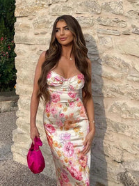 Shiny Satin Floral Maxi Dress