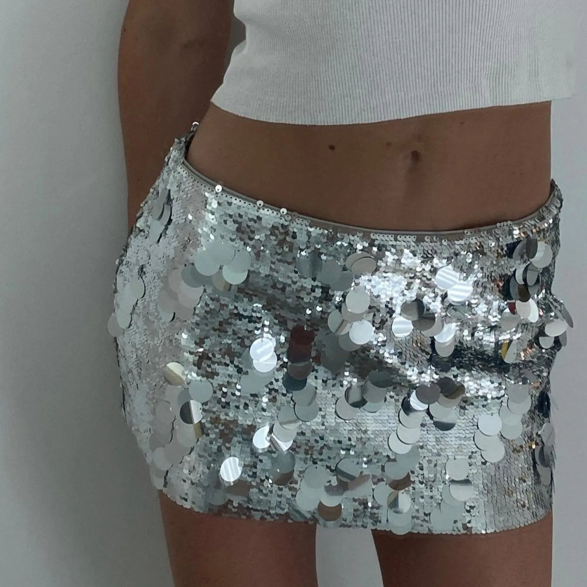 Silver Sequin Mini Skirt