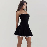 Black Strapless Velvety Dress with Lace Up Back