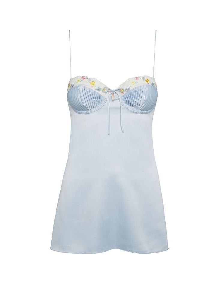 Baby Blue Slip Dress with Floral Embroidery