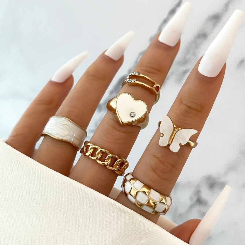 White Gold Aesthetic Ring Set 6pcs