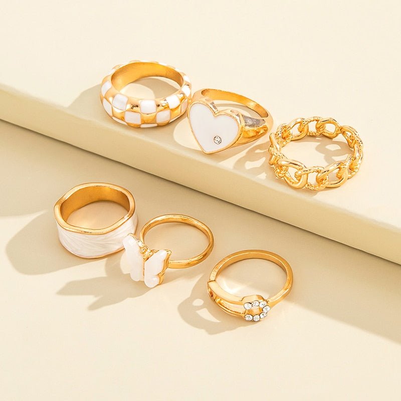 White Gold Aesthetic Ring Set 6pcs