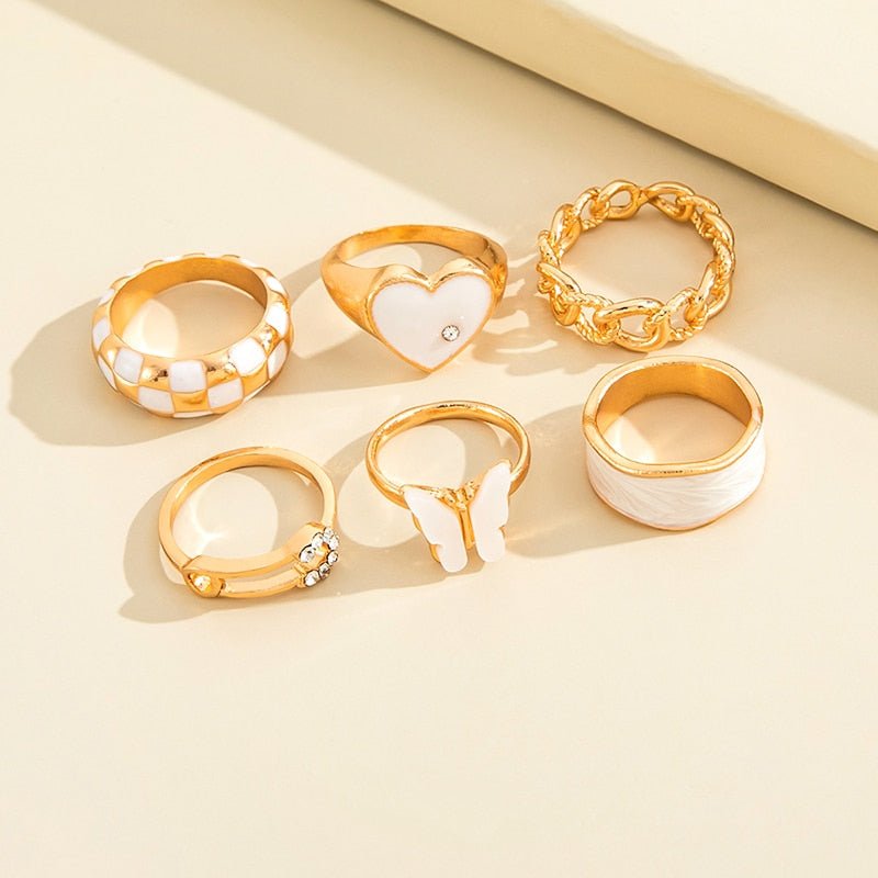 White Gold Aesthetic Ring Set 6pcs