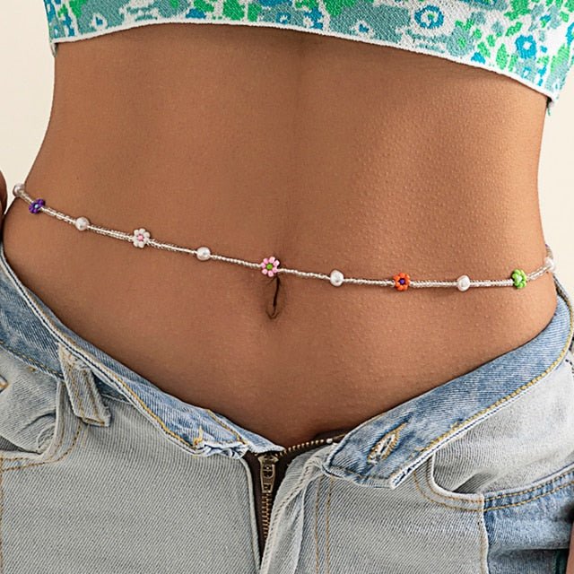 Beaded Waist Chain with Flower Detail Boho Belly Chain