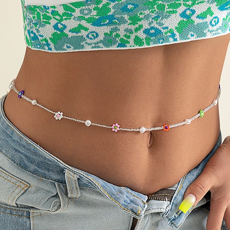 Beaded Waist Chain with Flower Detail Boho Belly Chain