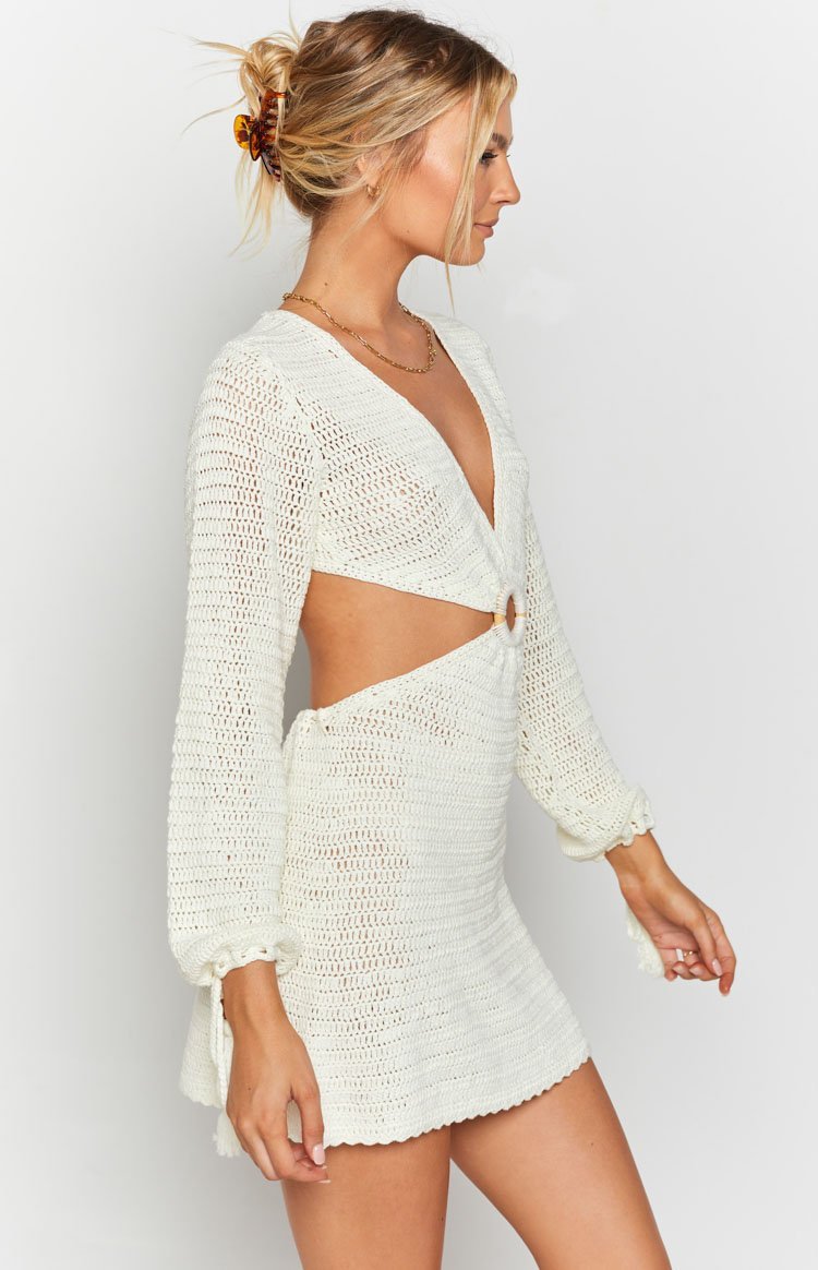 Long Sleeve Crochet Dress in White