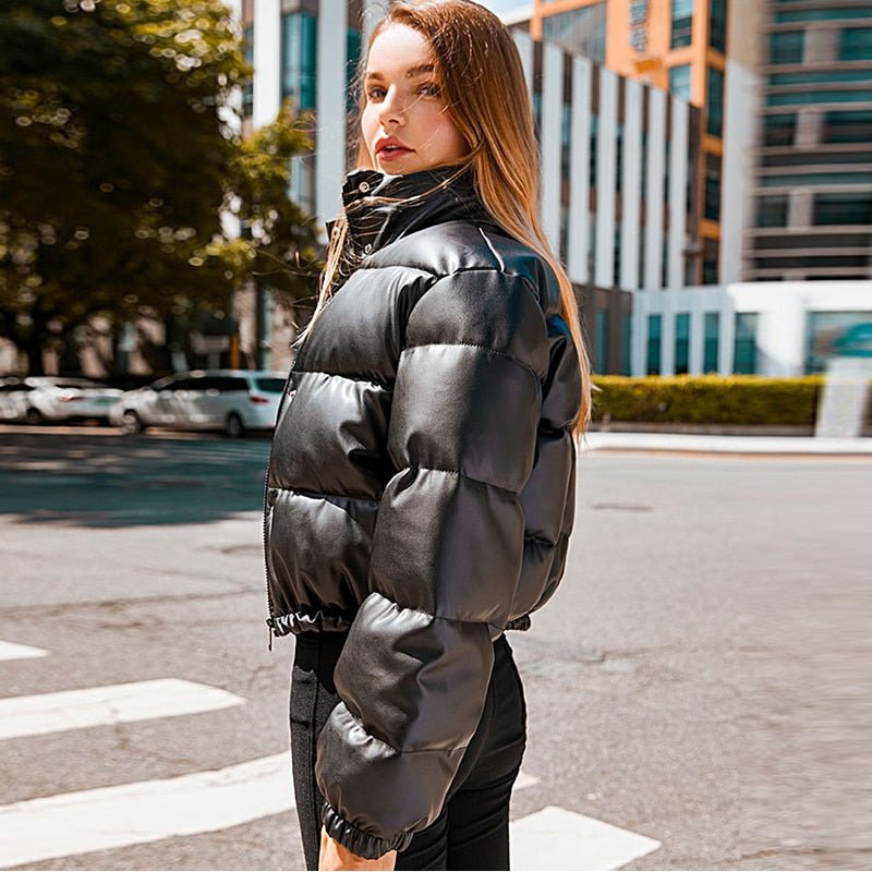 Faux Leather Puffer Jacker Black