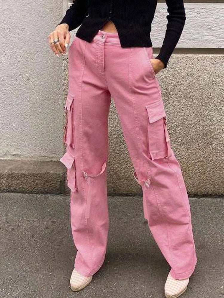 Low Waist Pink Cargo Denim Jeans