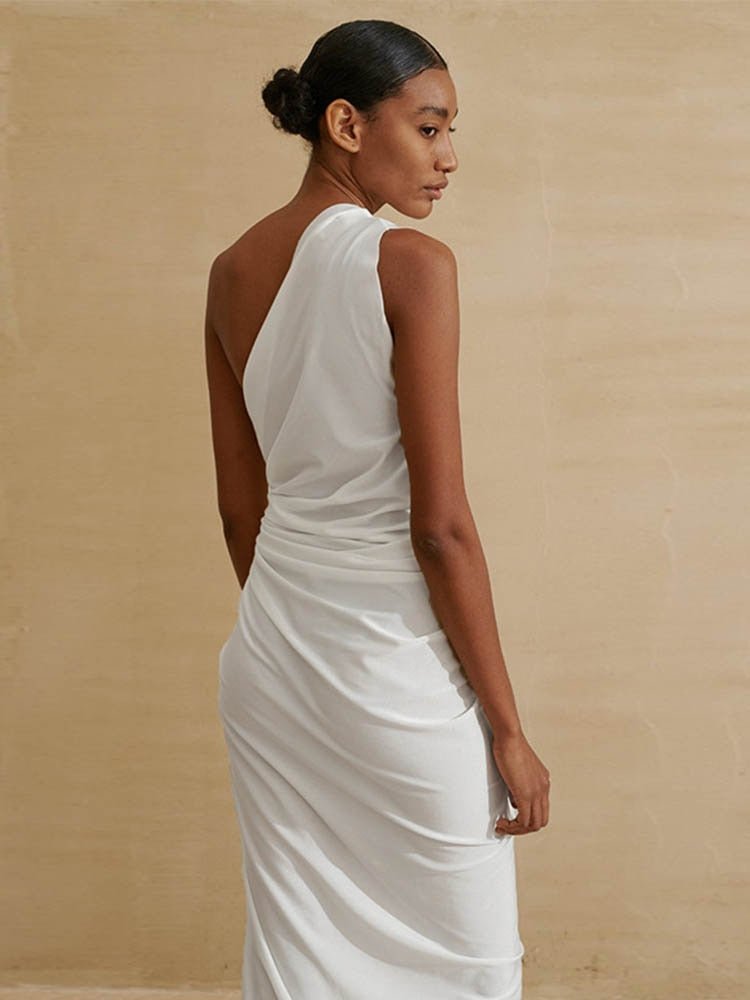 Midi Beach Dress in White One Shoulder