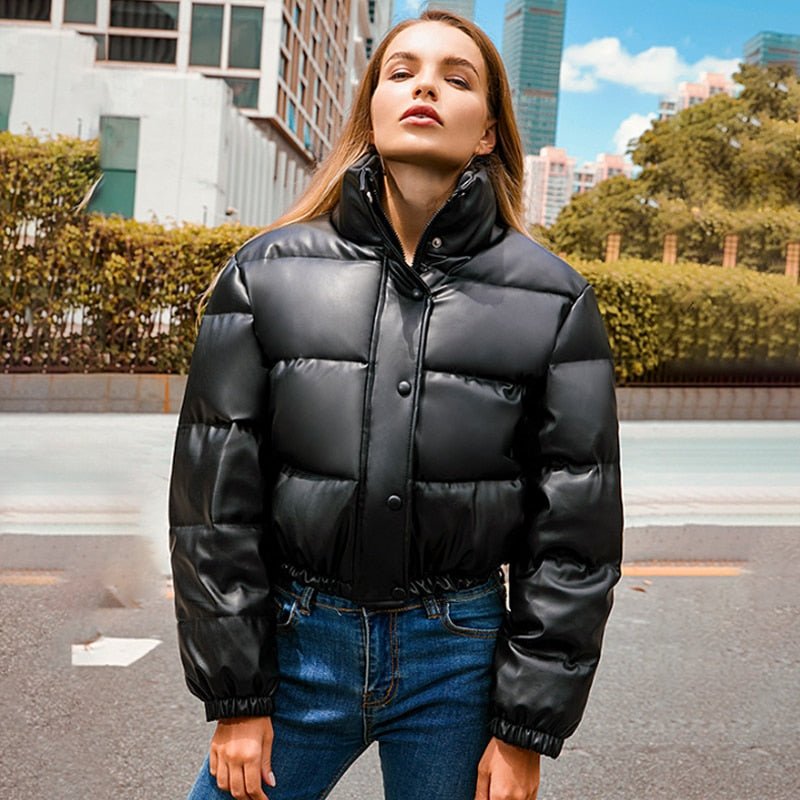 Faux Leather Puffer Jacker Black