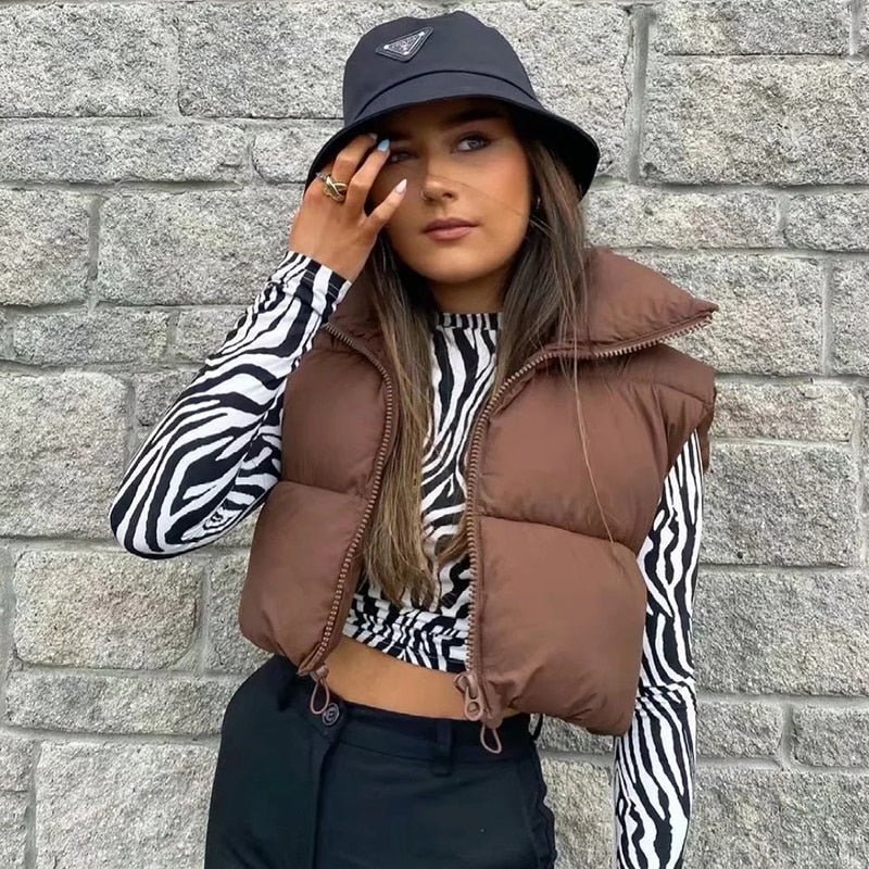 brown cropped puffer vest outfit