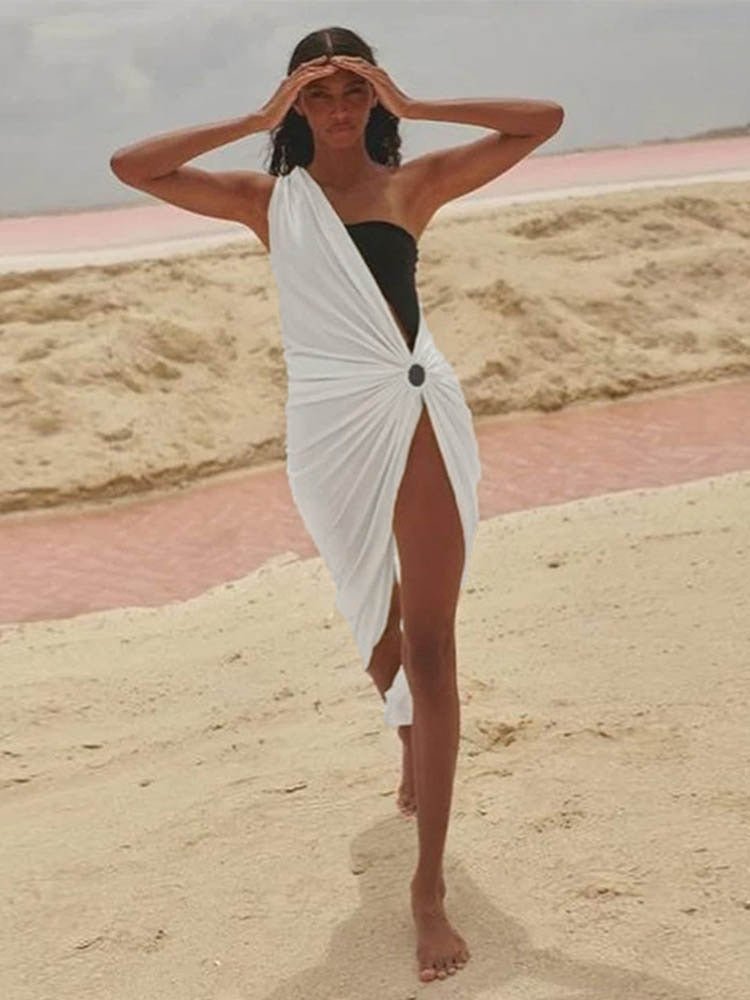 Midi Beach Dress in White One Shoulder