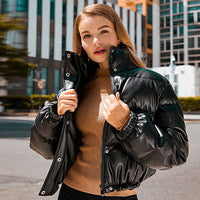 Faux Leather Puffer Jacker Black