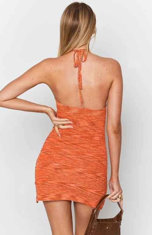 Tie Up Knit Beach Dress in Orange Backless